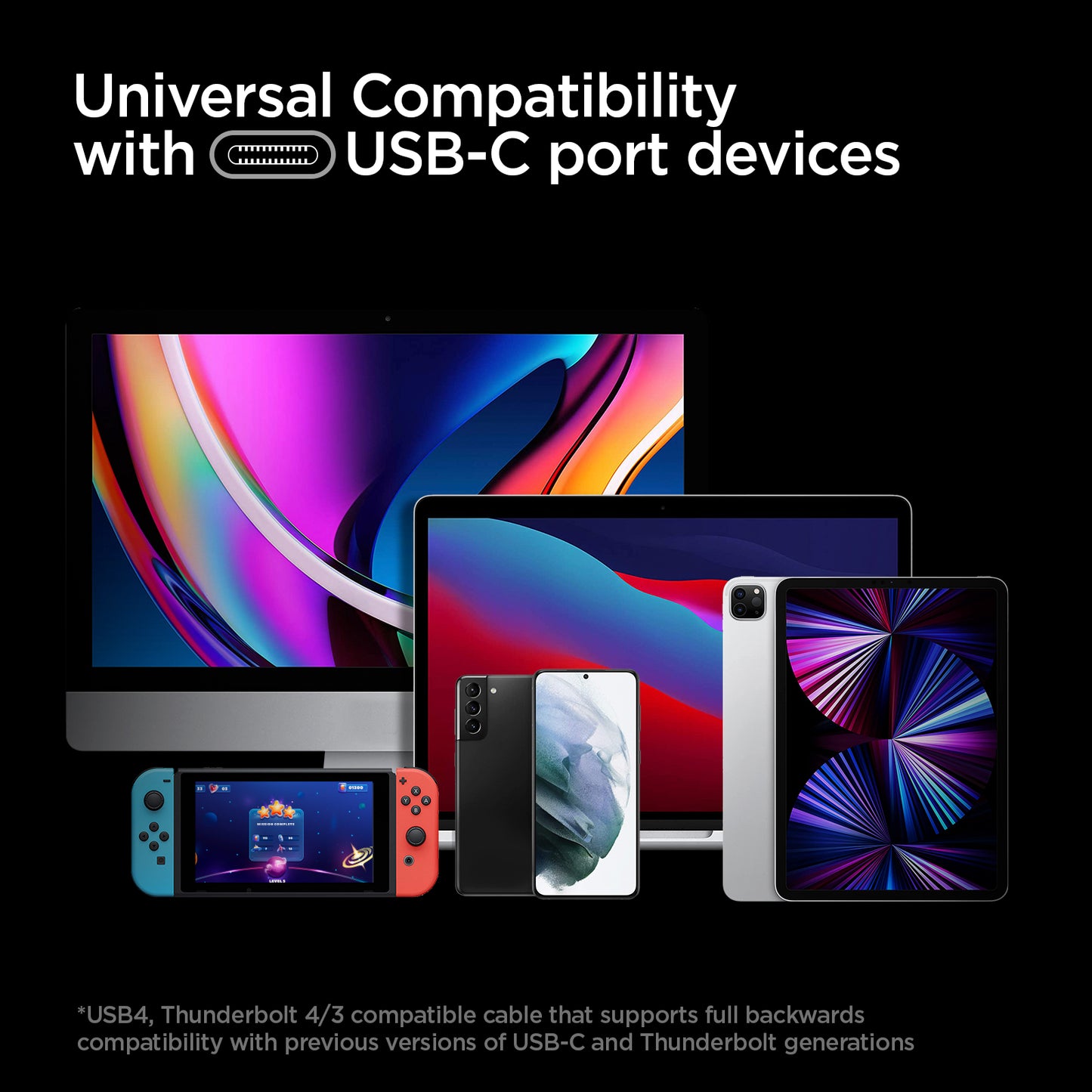 ACA02201 - ArcWire™ USB-C to USB-C 4 Cable PB2000 in Black showing the Universal Compatibility with USB-C port devices. USB4, Thunderbolt 4/3 compatible cable that supports full backwards compatibility with previous versions of USB-C and Thunderbolt generations. Showing Multiple devices.
