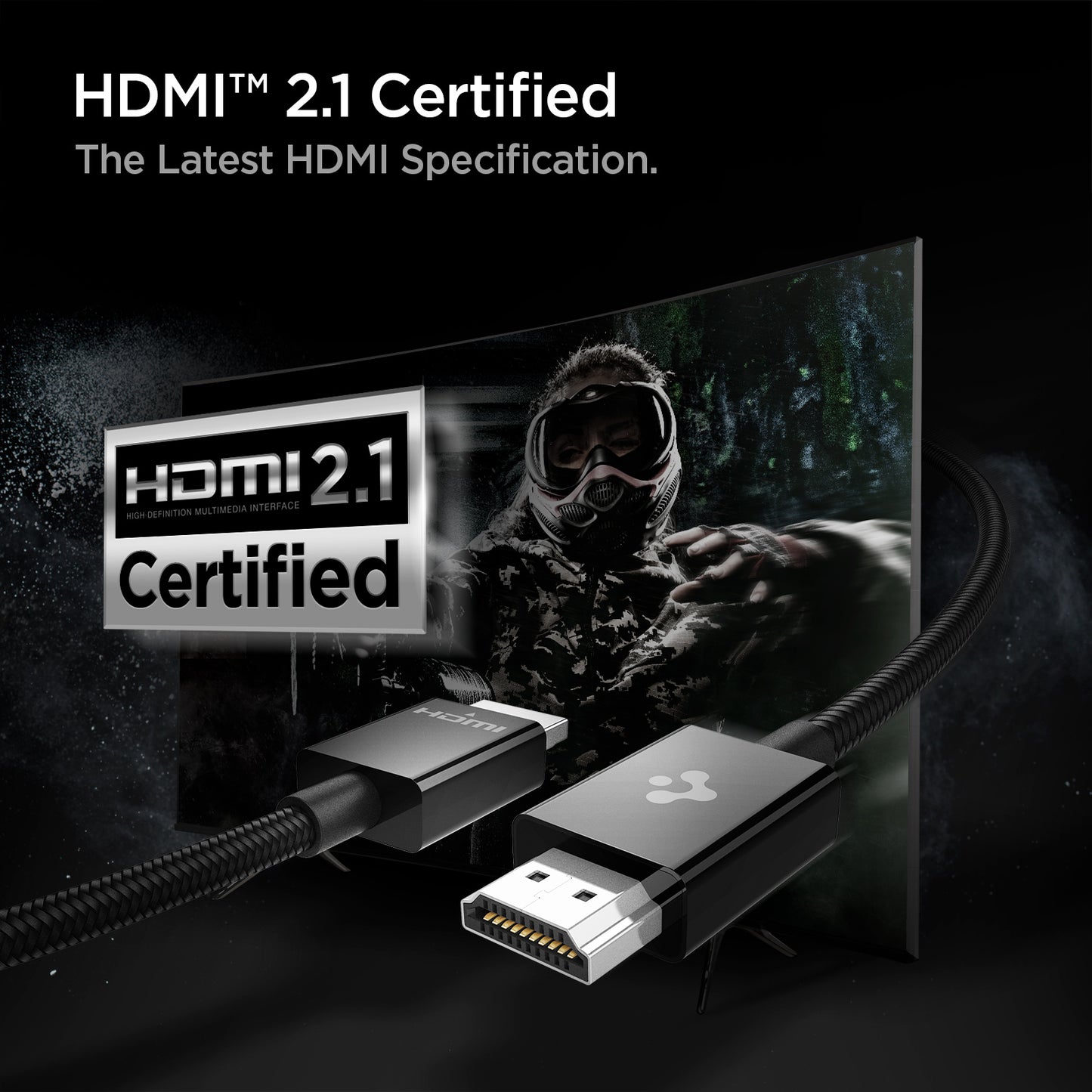 ACA02336 - ArcWire™ HDMI 2.1 Cable PB2001 in Black showing the HDMI 2.1 Certified. The Lates HDMI Specification. HDMI cable surrounds a monitor
