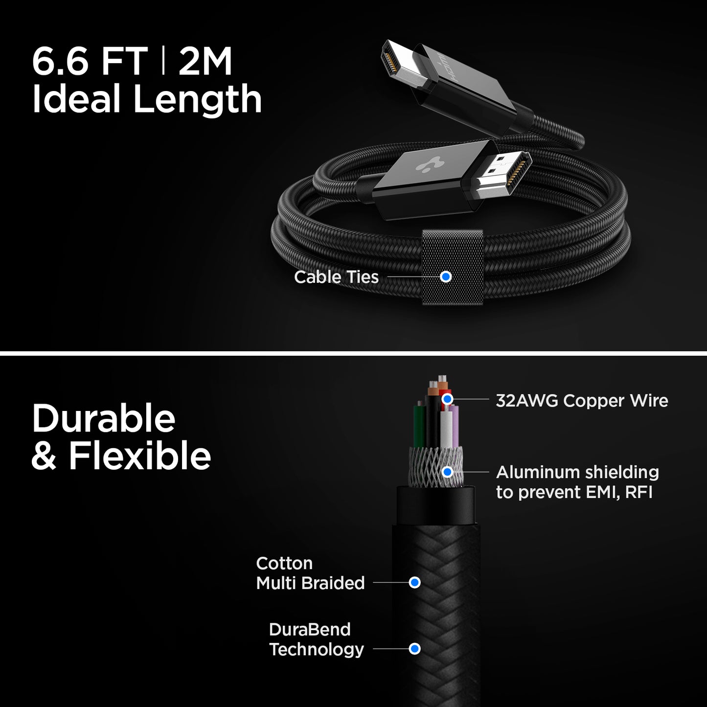 ACA02336 - ArcWire™ HDMI 2.1 Cable PB2001 in Black showing the 6.6 FT(2M) Ideal Length. A cable wire coiled and holds up by a cable ties. Durable & Flexible. Showing inside of a cable wire (32AWG Copper Wire, Aluminum shielding to prevent EMI, RFI, Cotton Multi Braided and DuraBend Technology)