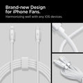 ACA04467 - ArcWire™ USB-C to Lightning Cable PB2200 in White showing the Brand-new Design for iPhone Fans. Harmonizing well with any iOS devices. A rolled cable wire for storage, a bend cable to show durability and a coiled cable wire holding up together by a cable ties.