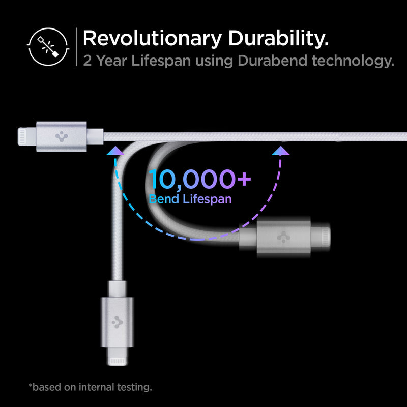 ACA04467 - ArcWire™ USB-C to Lightning Cable PB2200 in White showing the Revolutionary Durability. 2 Year Lifespan using Durabend technology. 10,000+ Bend Lifespan. Showing a cable while bending to show its durability. (based on internal testing)