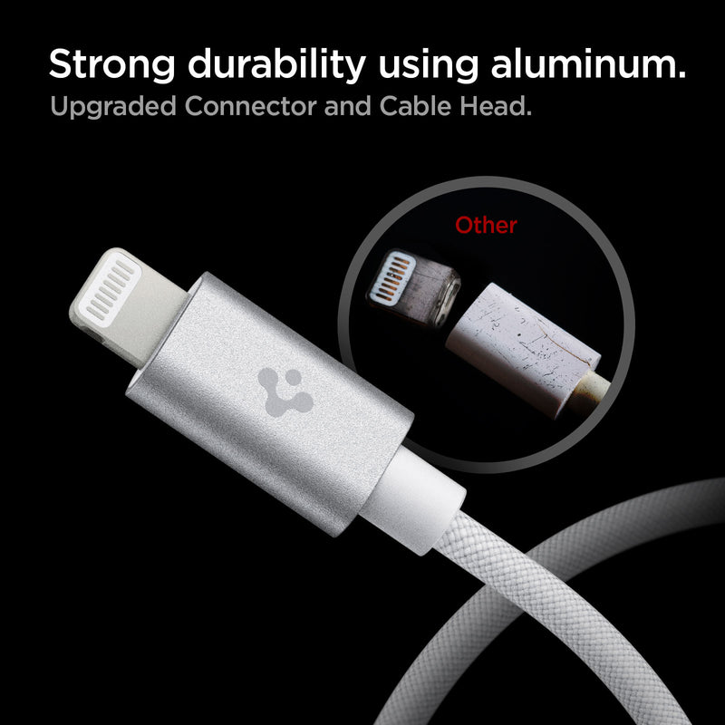 ACA04467 - ArcWire™ USB-C to Lightning Cable PB2200 in White showing the Strong durability using aluminum. Upgraded Connector and Cable Head. Sturdy looking cable head vs other that easily breaks