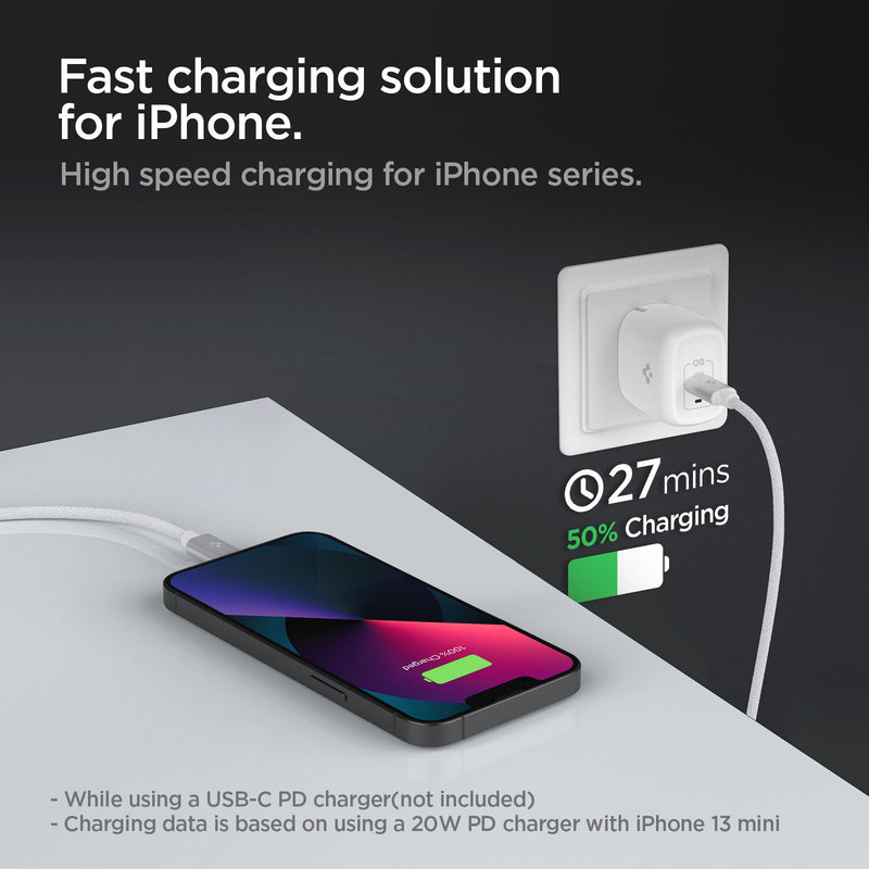 ACA04467 - ArcWire™ USB-C to Lightning Cable PB2200 in White showing the Fast charging solution for iPhone. High speed charging for iPhone series. While using a USB-C PD charger (no included), Charging data is based on using a 20W PD charger with iPhone 13 mini. A device charging in 27mins(50% charging))
