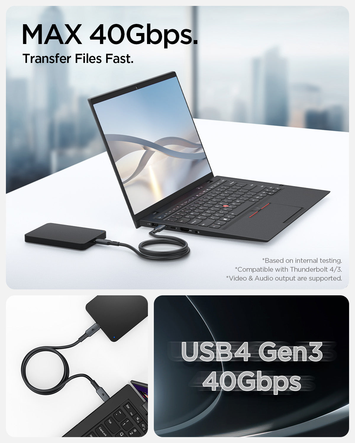 ACA06840 - ArcWire™ USB-C to USB-C Cable PB2203 in Black showing the Max 40Gbps. Transfer Files Fast. USB4 Gen3 40Gbps. Showing devices on attached to a power bank with a charging cable. Base on internal testing. Compatible with Thunderbolt 4/3, Videos, Audio output are supported