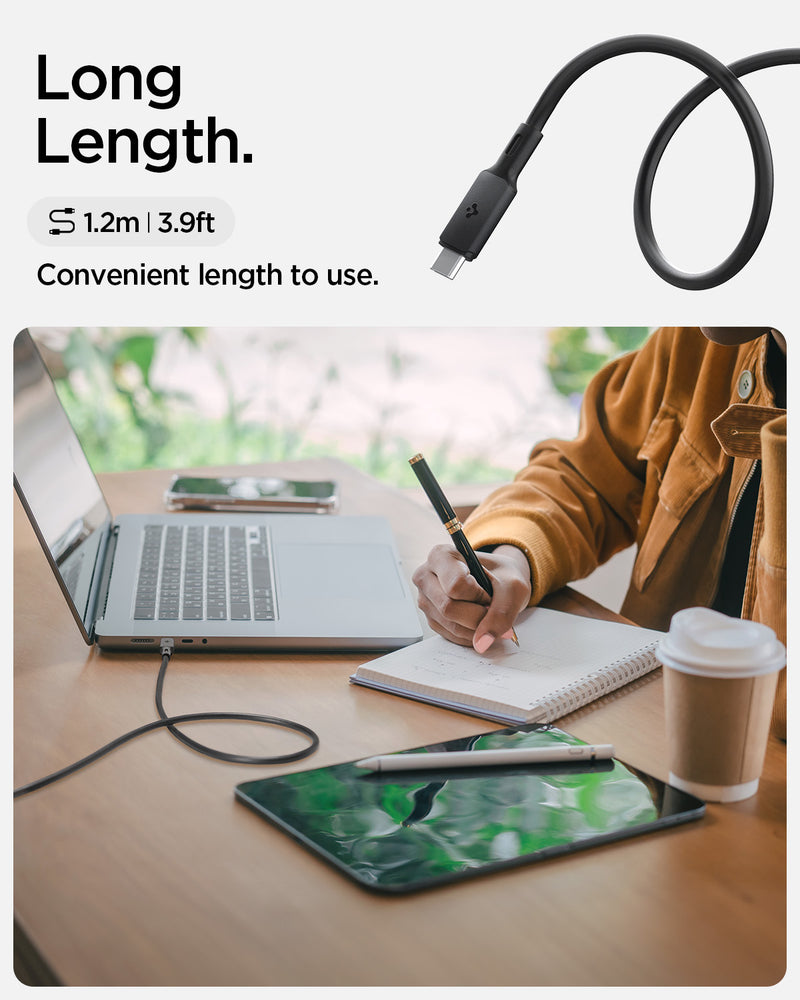 ACA06840 - ArcWire™ USB-C to USB-C Cable PB2203 in Black showing the Long Length. 1.2m/3.9ft. Convenient length to use