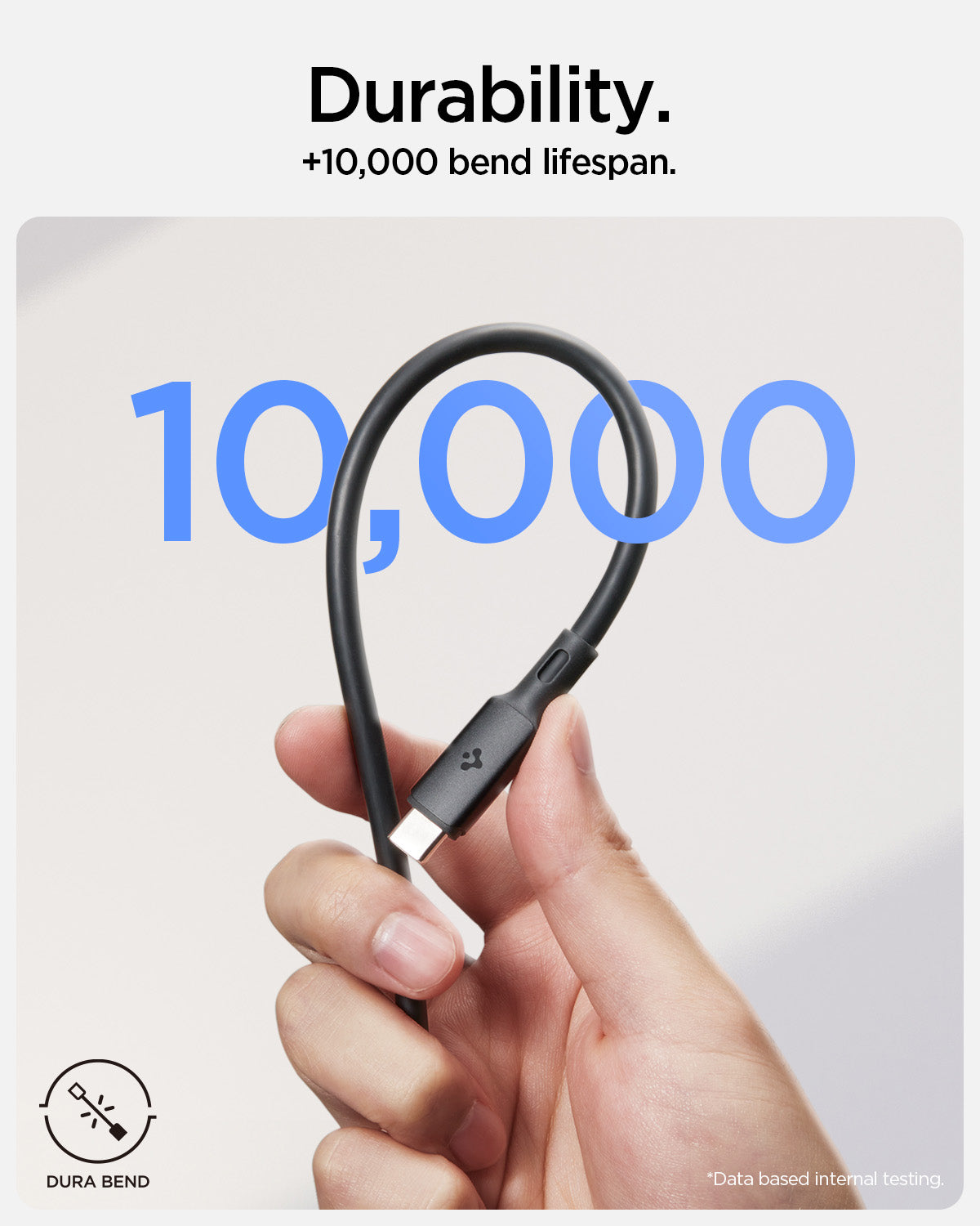 ACA06840 - ArcWire™ USB-C to USB-C Cable PB2203 in Black showing the Durability. +10,000 bend lifespan. A hand  holding and bending the cable charger to show it's durability