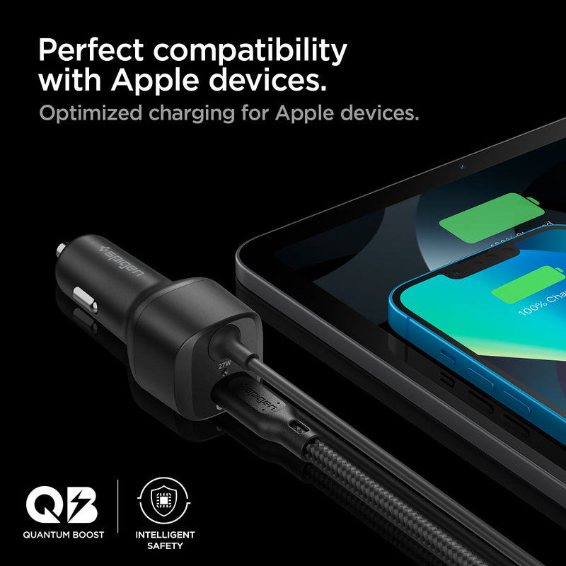 ACP04205 - ArcStation™ Car Charger PC2100 in Black showing the Perfect compatibility with Apple devices. Optimized charging for Apple devices. Showing 2 devices charging at the same time in car charger