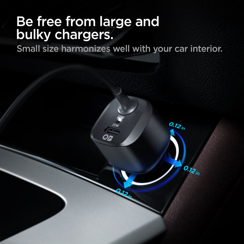 ACP04205 - ArcStation™ Car Charger PC2100 in Black showing the Be free from large and bulky chargers. Small size harmonizes well with your car interior. Showing a car charger attached to a car with cable attached to it with just 0.12 in space around the head