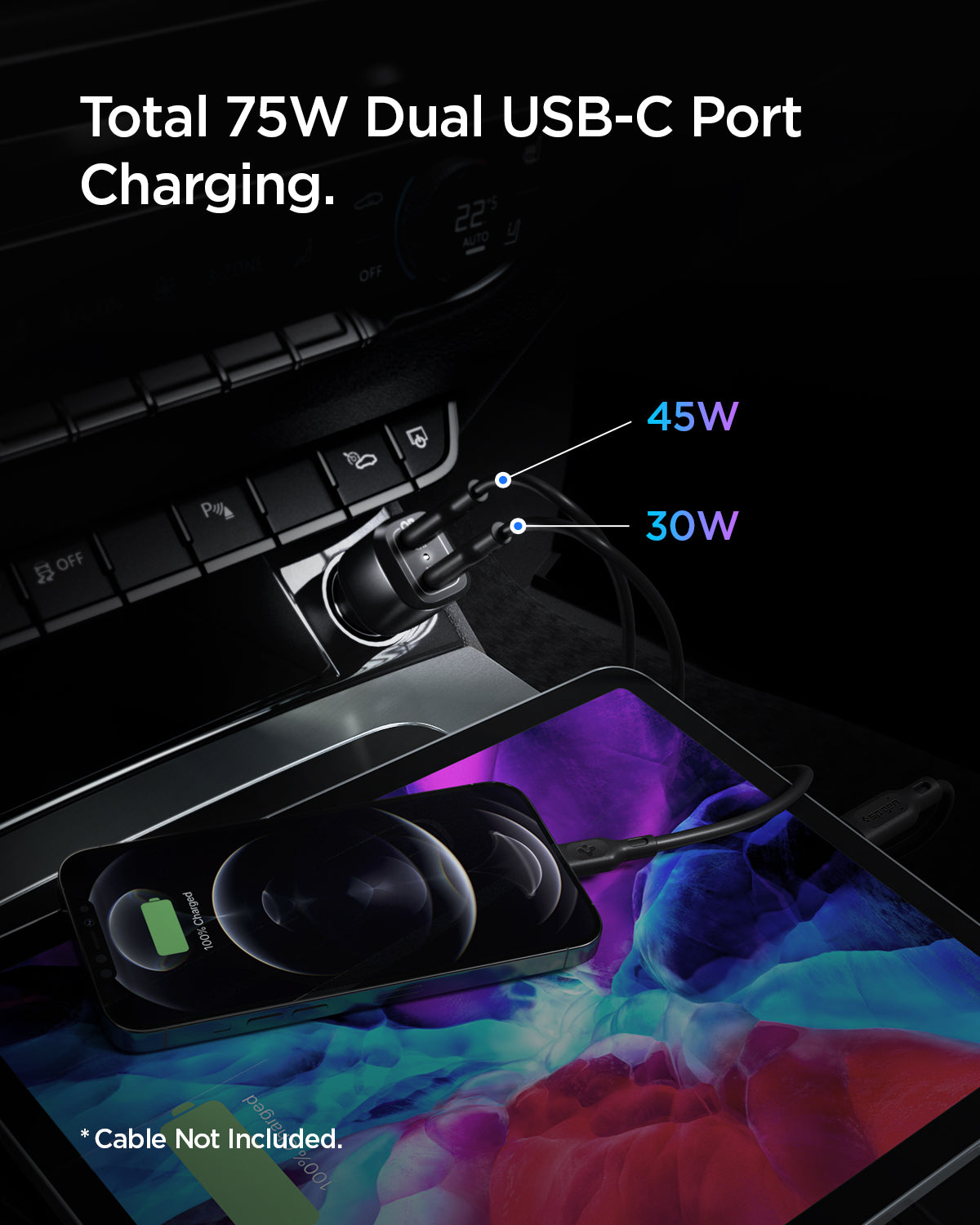 ACP04581 - ArcStation™ Dual Port Car Charger PC2200 in Black showing the Total 75W Dual USB-C Port Charging. Attached to a car charger with 45W and 30W power charging 2 different devices