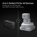 ACH03787 - ArcDock 65W Desktop Charger PD2101 in Black showing the 4-in1, perfect fit for all devices, charge up to 4 devices with two USB-C and two USB-A ports