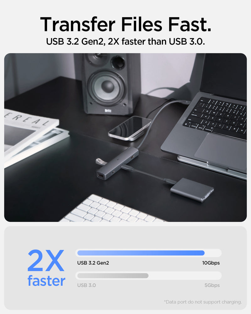 ACA06193 - ArcDock Pro Multi Hub 6-in-1 PD2302 in Space Gray showing the Transfer Files Fast. USB 3.2 Gen2, 2X faster than USB 3.0 (10Gbps), different devices connected to a hub