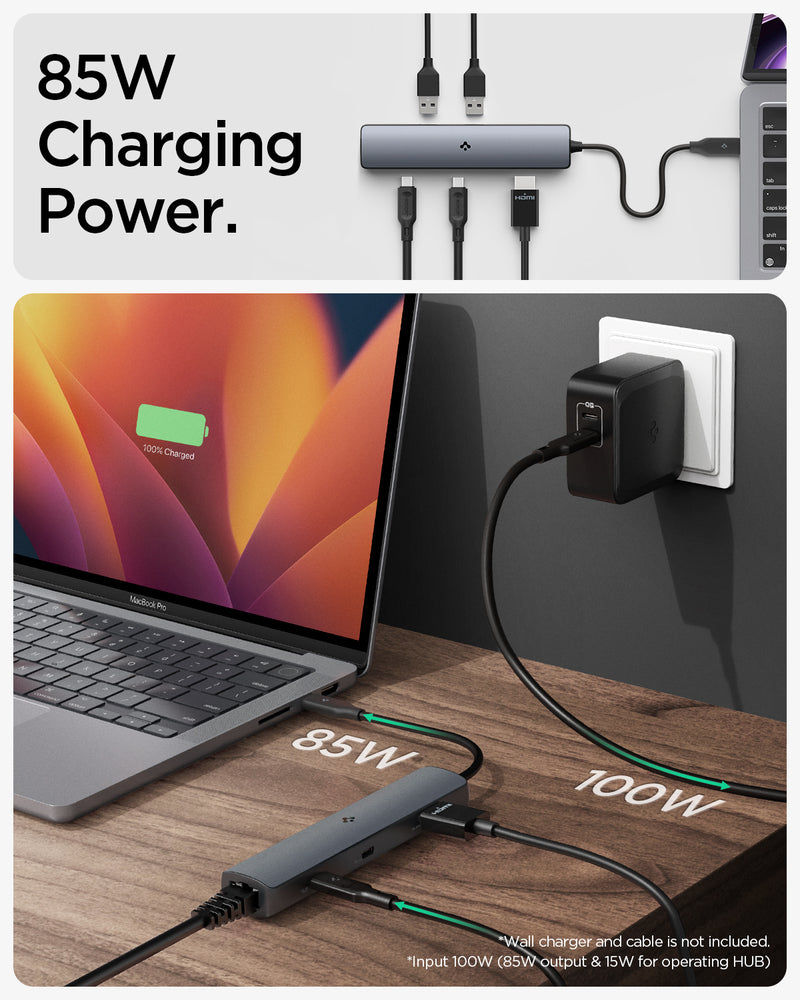 ACA06193 - ArcDock Pro Multi Hub 6-in-1 PD2302 in Space Gray showing the 85W Charging Power. A hub connected to a device, a wall charger connected to a hub at the same time. Input 100W (85W output & 15W for operating HUB)