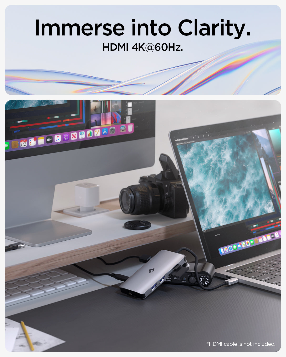 ACA06141 - ArcDock Multi Hub 8-in-1 PD2303 in Space Gray showing the Immerse into Clarity. HDMI 4K@60Hz. Multiple devices attached to a multi hub 
