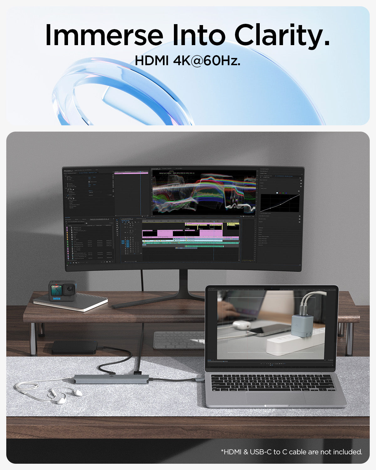 ACA06388 - ArcDock Multi Hub 9-in-1 PD2306 in Space Gray showing the Immerse Into Clarity. HDMI 4K@60Hz. Showing two devices attached to a hub at the same time. (HDMI & USB-C to C cable are not included.)