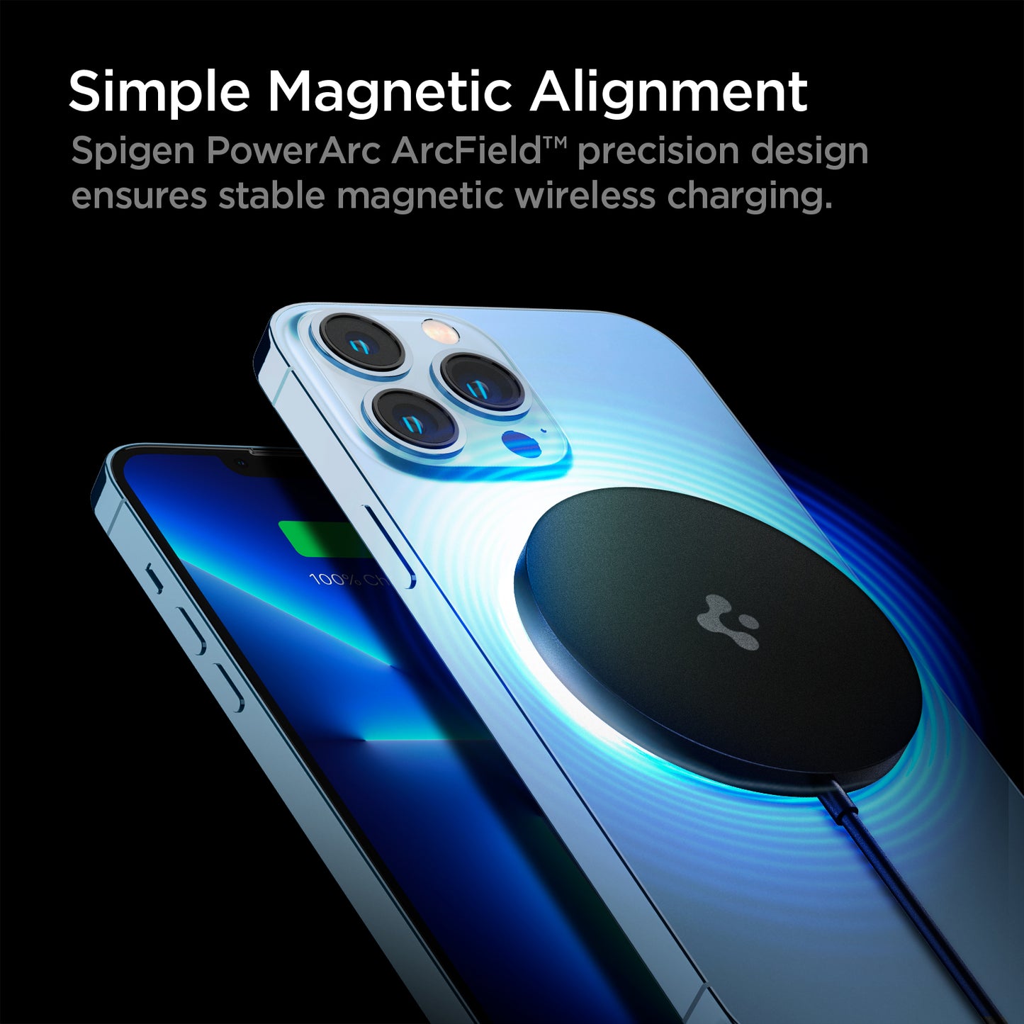 ACH02190 - ArcField™ Magnetic 7.5W Wireless Charger PF2009 (MagFit) in Black showing the Simple Magnetic Alignment, Spigen PowerArc ArcField precision design ensures stable magnetic wireless charging. Partial front and above it a device showing back attached to a wireless charger