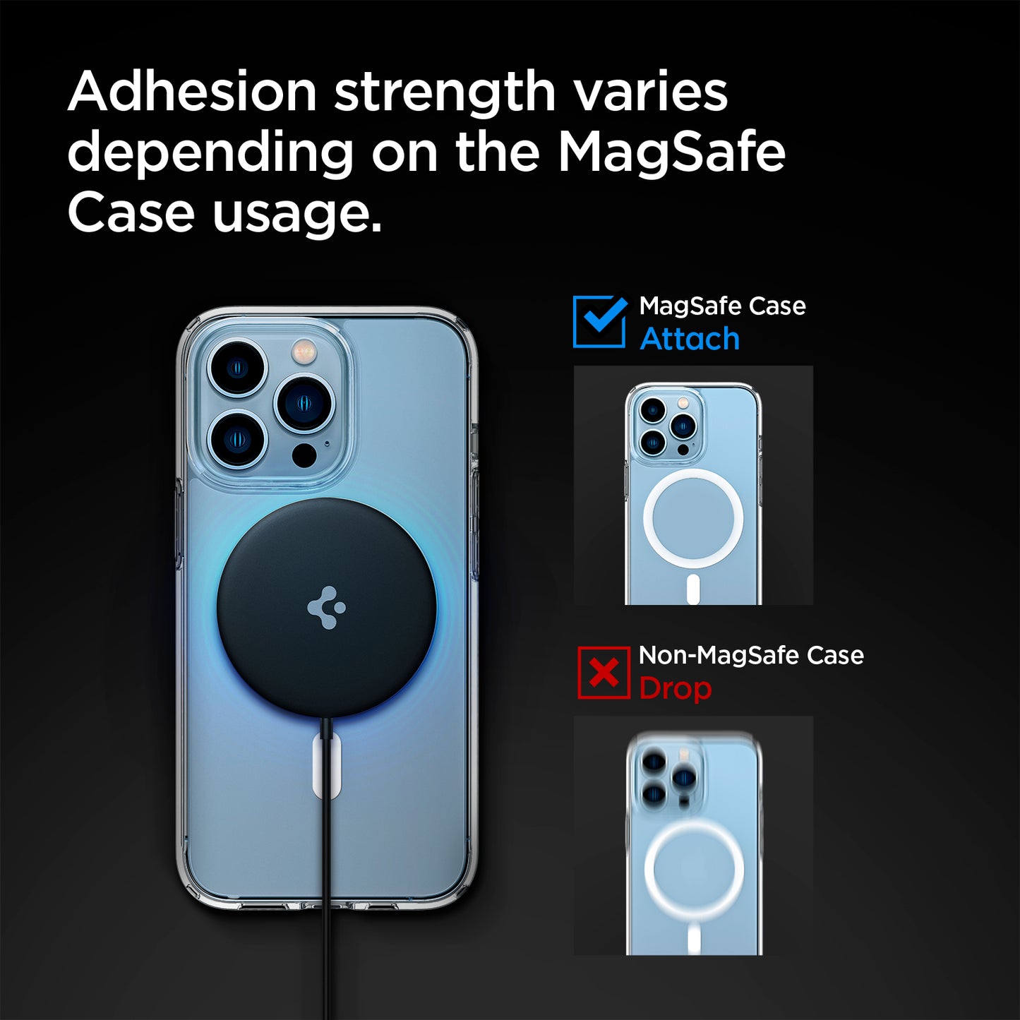 ACH02190 - ArcField™ Magnetic 7.5W Wireless Charger PF2009 (MagFit) in Black showing the Adhesion strength varies depending on the Magsafe Case usage. Showing 3 device with strong hold comparison.