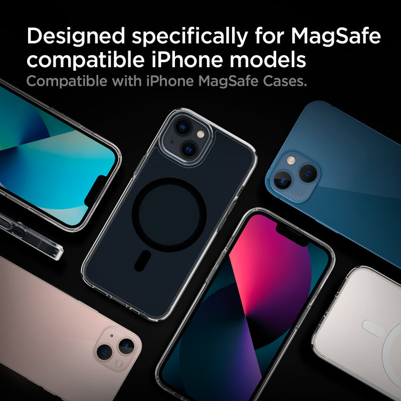 ACH02190 - ArcField™ Magnetic 7.5W Wireless Charger PF2009 (MagFit) in Black showing the Designed specifically for Magsafe compatible iPhone models. Compatible with iPhone MagSafe Cases. Showing multiple magSafe cases and devices