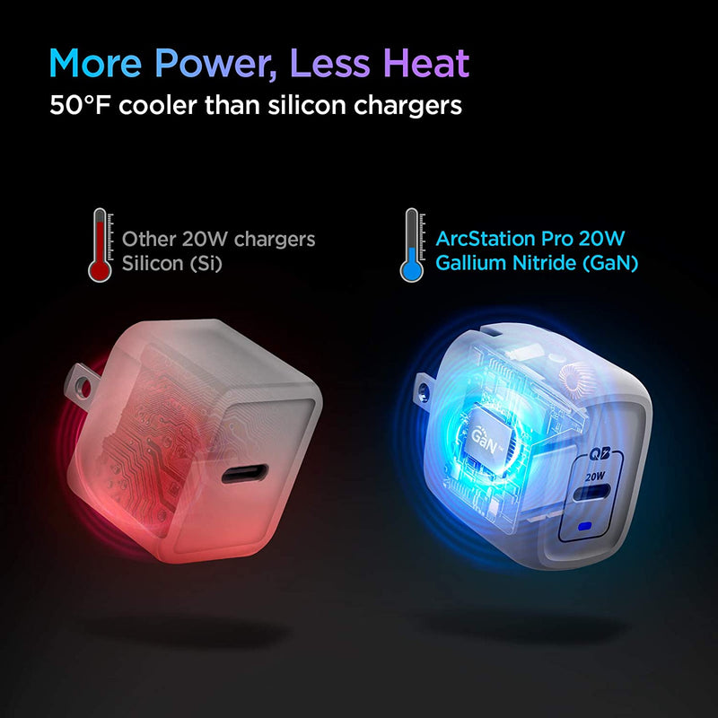 ACH02022 - ArcStation™ Pro GaN 20W Wall Charger PE2009 in White showing the showing More Power, Less Heat, 50°F cooler than silicon chargers. Comparison between other chargers and AS Pro GaN 20W charger which is way more cooler