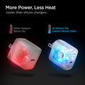 ACH02587 - ArcStation™ Pro GaN 45W Wall Charger PE2015 in White showing More Power, Less Heat, cooler than silicon chargers. Comparison between other chargers and AS Pro GaN charger which is way more cooler