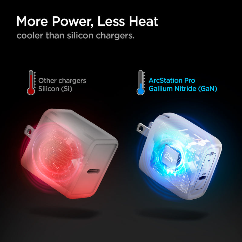 ACH02587 - ArcStation™ Pro GaN 45W Wall Charger PE2015 in White showing More Power, Less Heat, cooler than silicon chargers. Comparison between other chargers and AS Pro GaN charger which is way more cooler