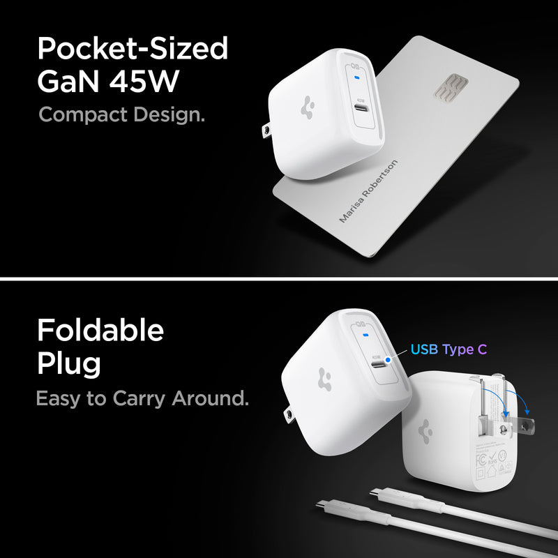 ACH02587 - ArcStation™ Pro GaN 45W Wall Charger PE2015 in White showing the Pocket-Sized GaN 45W. Compact Design, a charger and a card, Foldable Plug. Easy to Carry, a charger with usb c-type port and another charger in folding motion with 2 charging cords