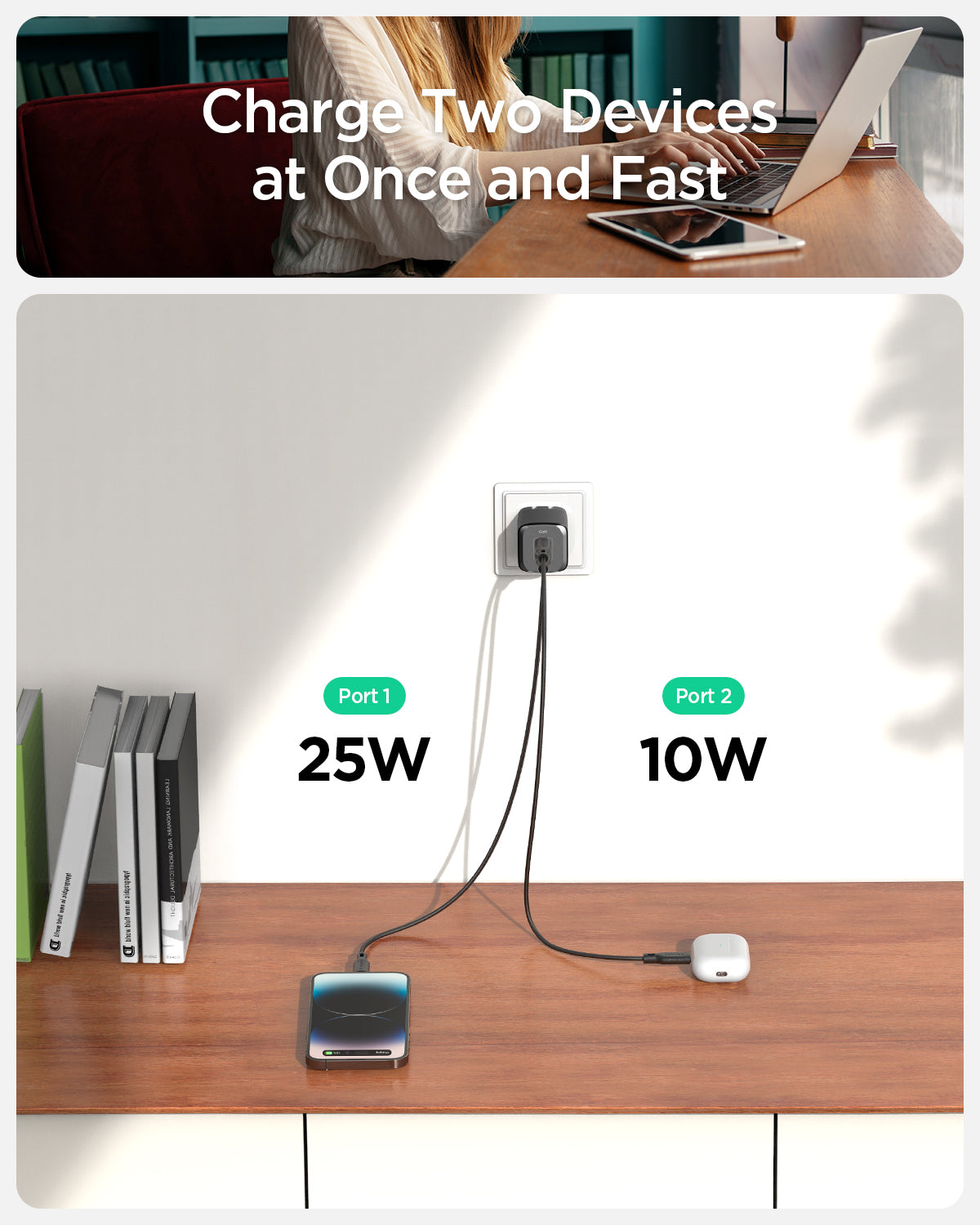 ACH05142 - ArcStation™ Pro GaN 352 Dual USB-C Wall Charger PE2202 showing charge two devices at once and fast. Port 1 up to 25W and port 2 up to 10W.
