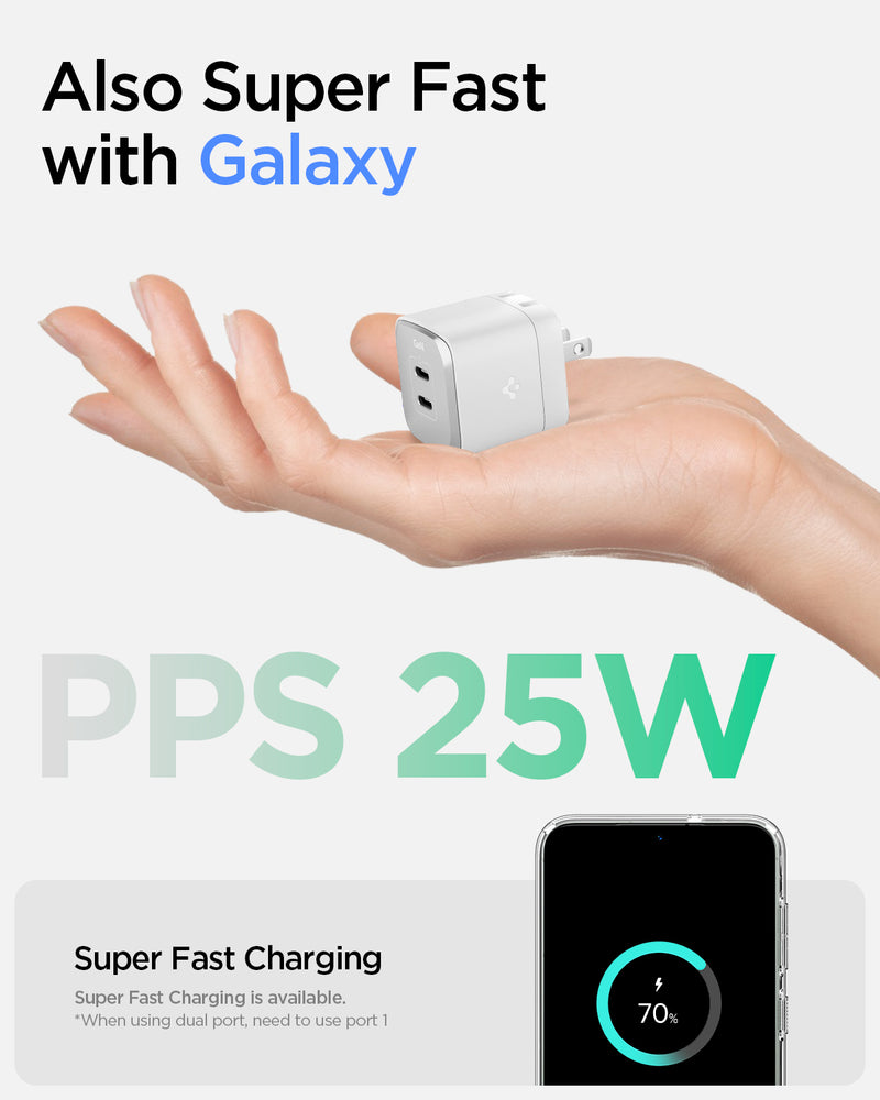 ACH05142 - ArcStation™ Pro GaN 352 Dual USB-C Wall Charger PE2202 showing the super fast charging also super fast with Galaxy. PPS 25W. Super fast charging is available. When using dual port, need to use port 1.