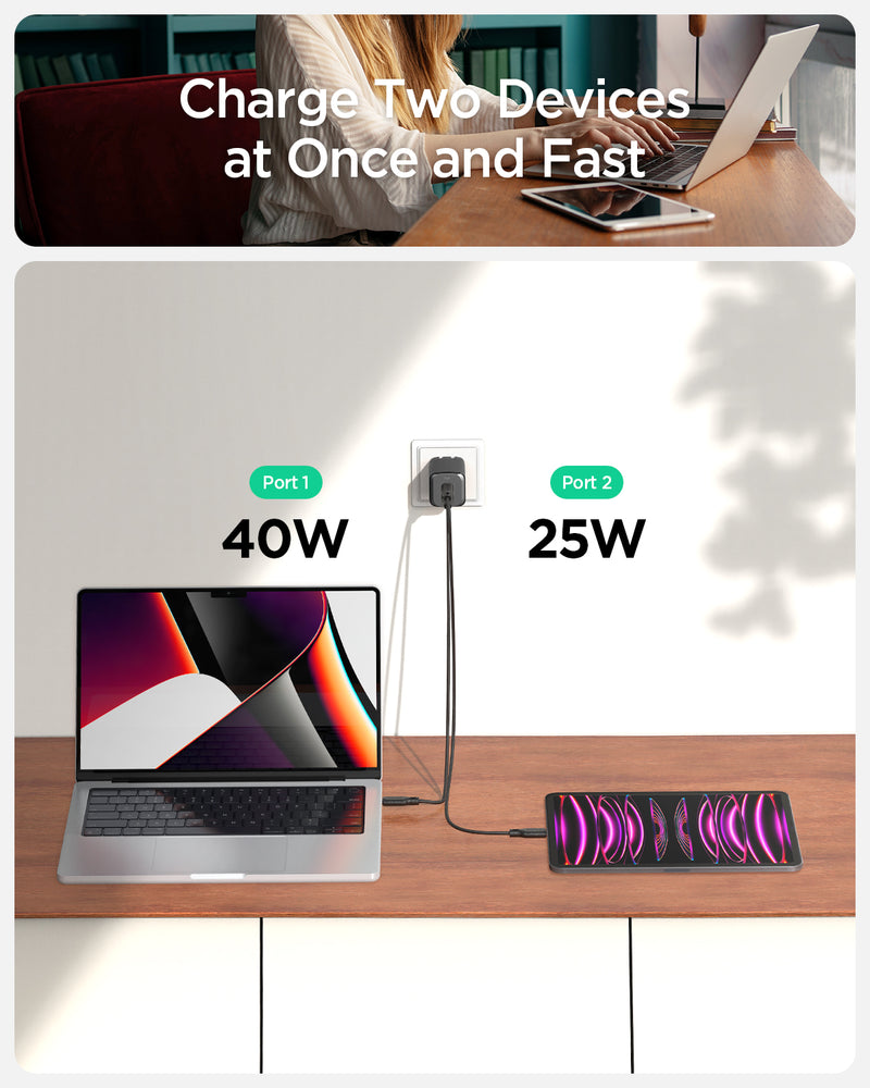 ACH05160 - ArcStation™ Pro GaN 652 Dual USB-C Wall Charger PE2204 in Midnight Black showing the top of a banner, a woman with two devices, with the slogan, Charge Two Devices at Once and Fast and below showing 2 devices charges at 40W (port 1) the other in 24W (port 2) both plugged into a wall charger at the same time