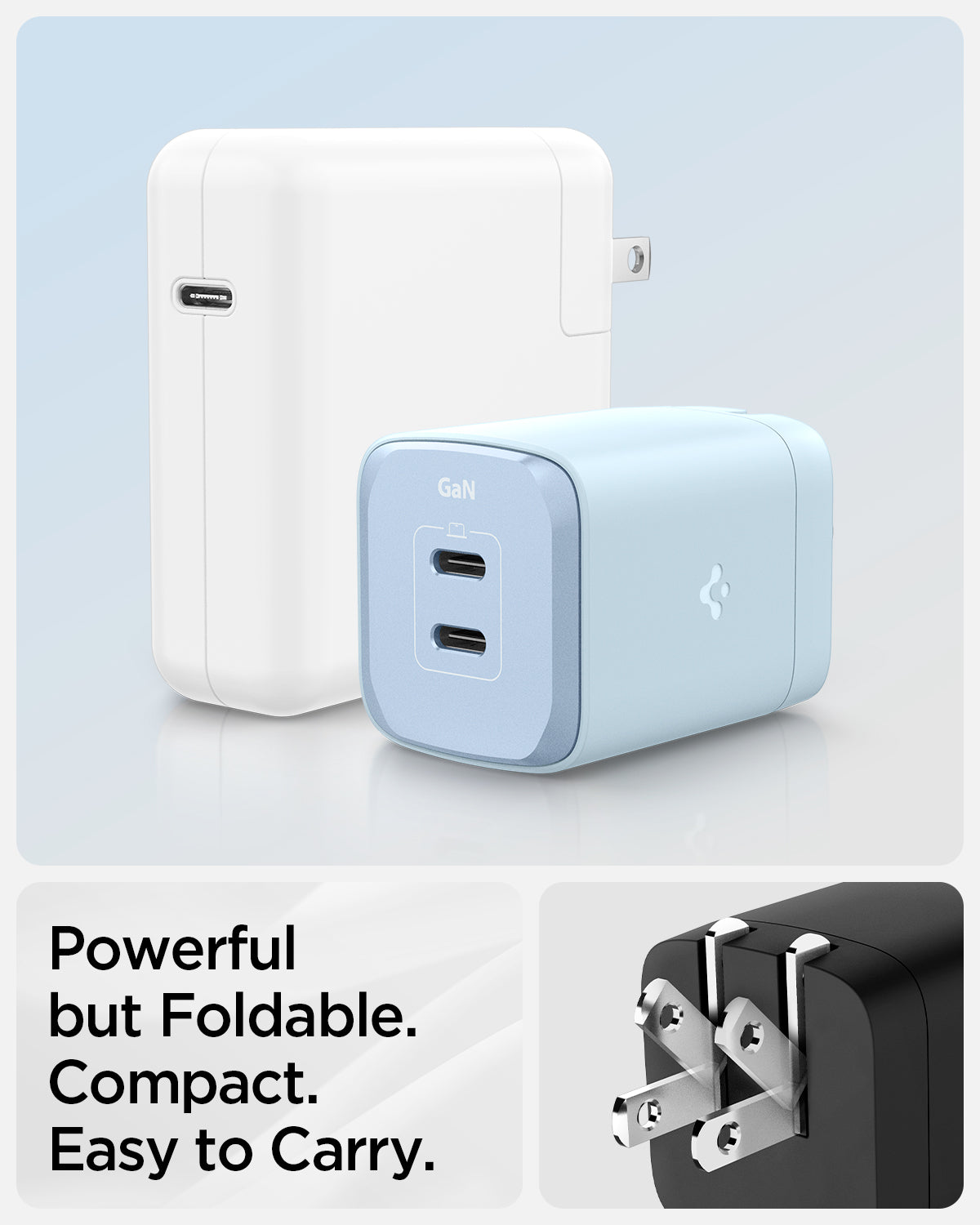 ACH05160 - ArcStation™ Pro GaN 652 Dual USB-C Wall Charger PE2204 in Midnight Black showing Powerful but Foldable. Compact. Easy to Carry, a wall charger with the power connector in folding motion, a light blue wall charger above and beside it is a white charger in usb c-type 