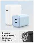 ACH05162 - ArcStation™ Pro GaN 652 Dual USB-C Wall Charger PE2204 in Sierra Blue showing Powerful but Foldable. Compact. Easy to Carry, a wall charger with the power connector in folding motion, a light blue wall charger above and beside it is a white charger in usb c-type