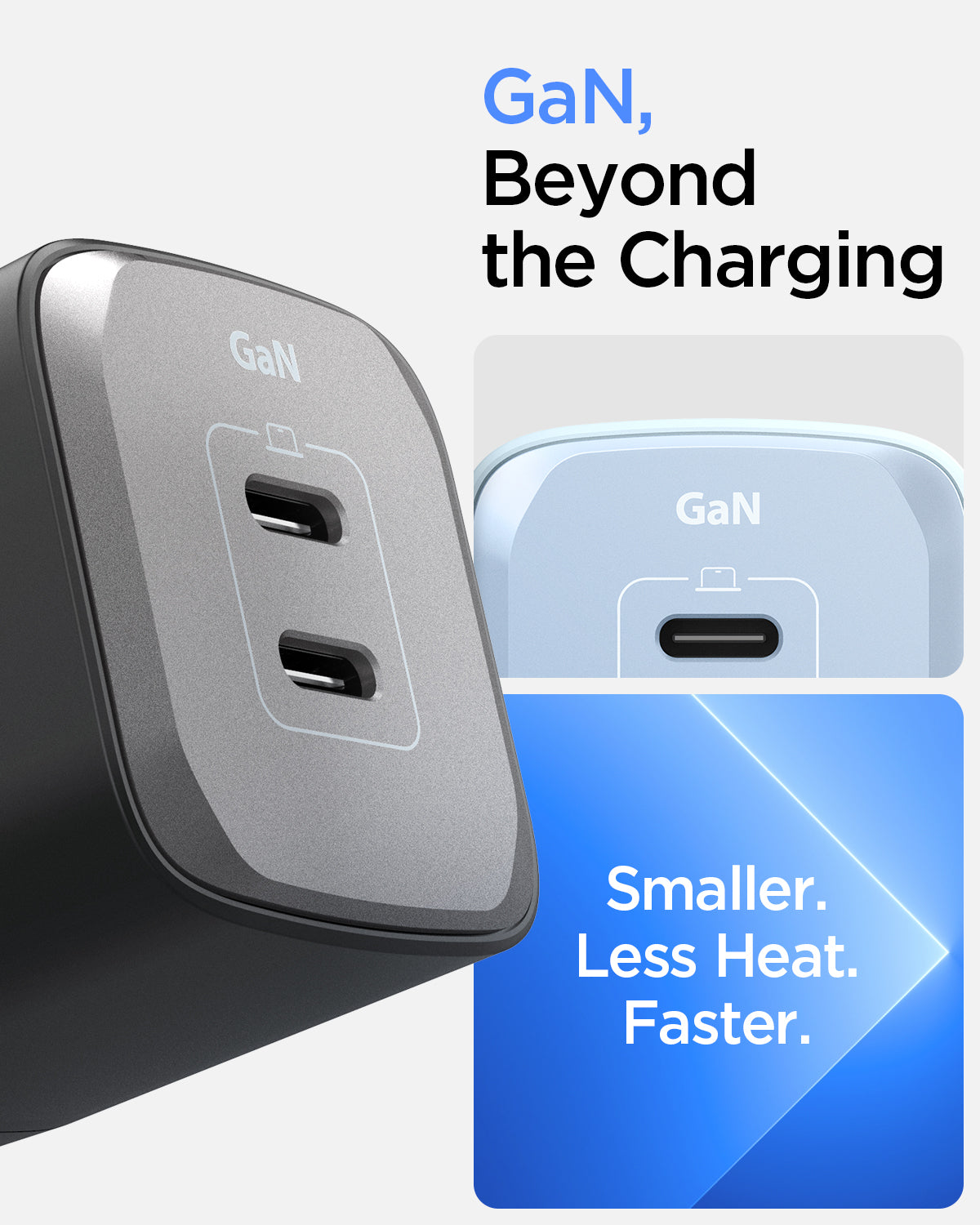 ACH05160 - ArcStation™ Pro GaN 652 Dual USB-C Wall Charger PE2204 in Midnight Black showing the Logo GaN, Beyond the Charging, a half top part of a light blue charger with the words below Smaller. Less Heat. Faster, and beside it a much bigger top, and partial sides of a wall charger