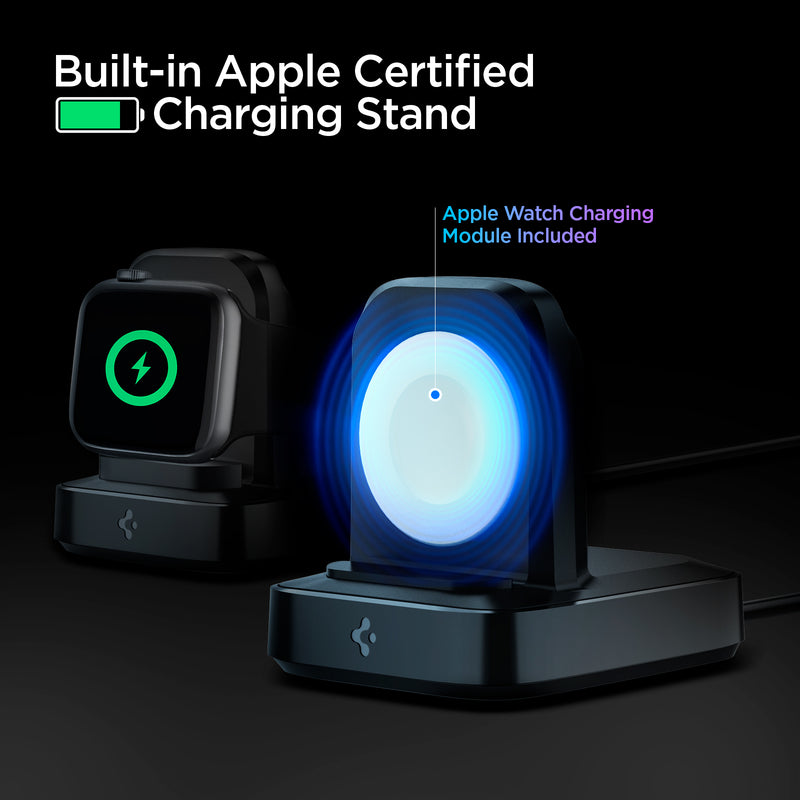 000CH25522 - Apple Watch ArcField™ 2.5W Wireless Charger PF2002 in Black showing the Built-in Apple Certified Charging Stand. On an apple stand, an Apple Watch Charging Module is included
