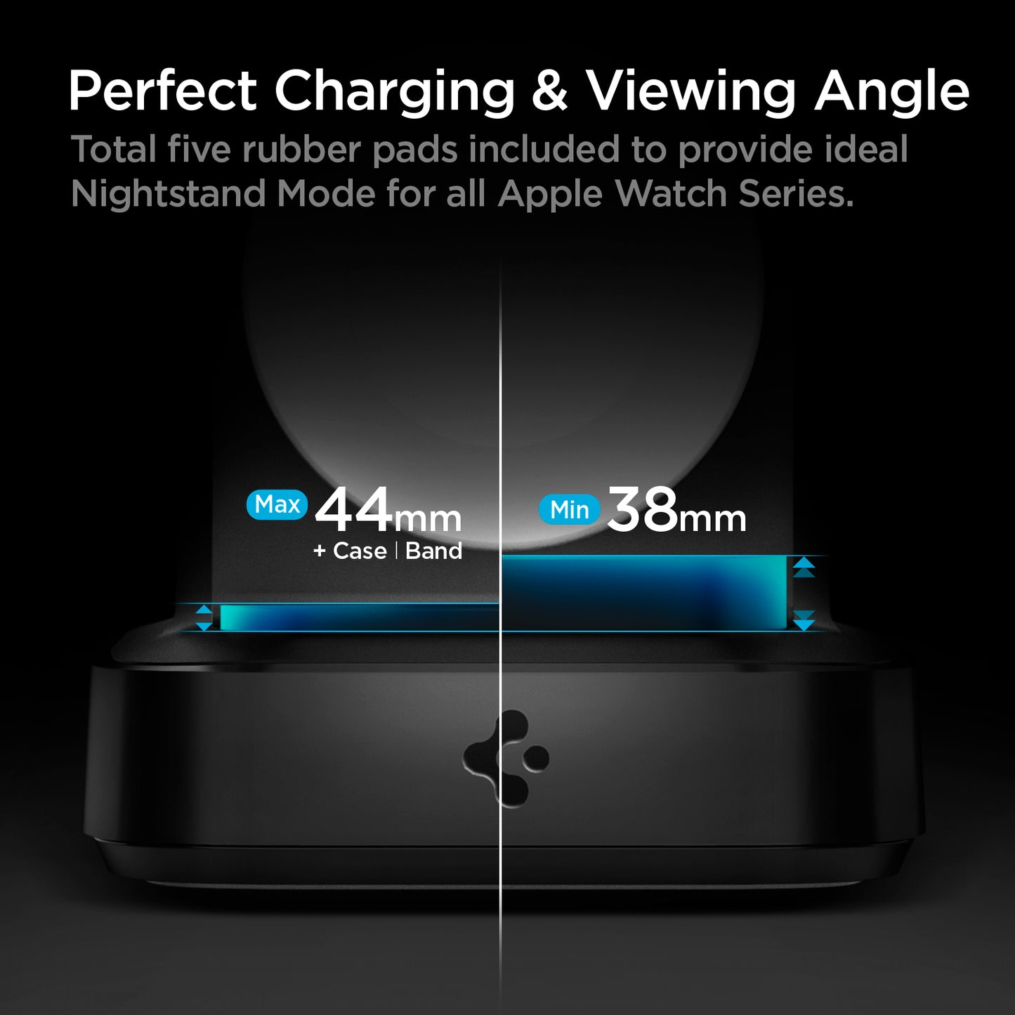 000CH25522 - Apple Watch ArcField™ 2.5W Wireless Charger PF2002 in Black showing the Perfect Charging & Viewing Angle. Total five rubber pads included to provide ideal Nightstand Mode for all Apple Watch Series with max (44mm) + case | Band and min (38mm)