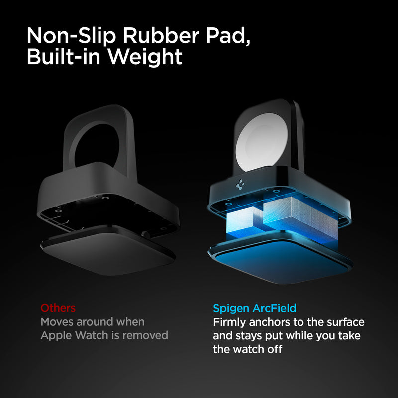 000CH25522 - Apple Watch ArcField™ 2.5W Wireless Charger PF2002 in Black showing the Non-Slip Rubber Pad, Built-in Weight. Comparison between other wireless charger (moves around) while Spigen ArcField (Firmly anchors and stays put to the surface) while taking the watch
