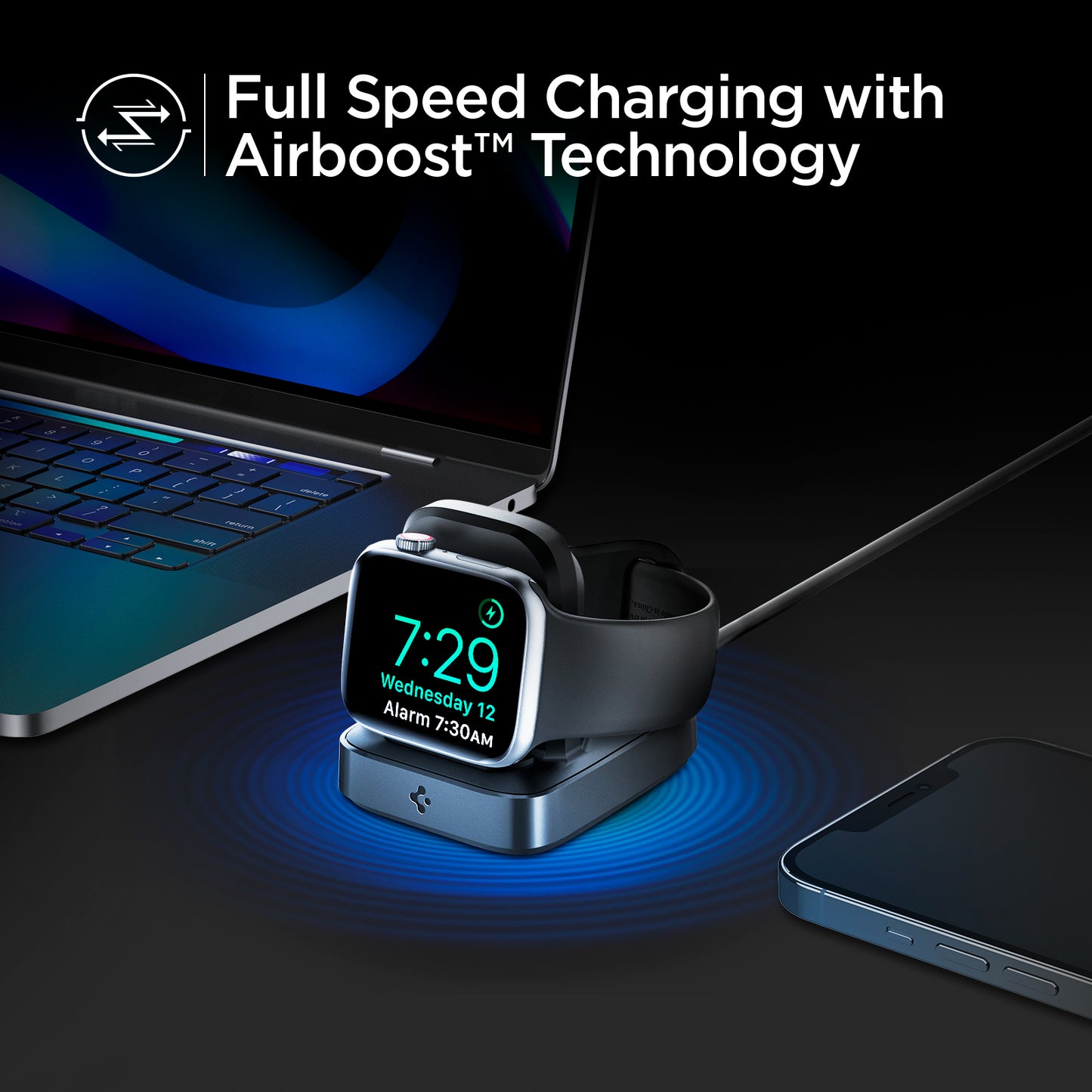 000CH25522 - Apple Watch ArcField™ 2.5W Wireless Charger PF2002 in Black showing the Full Speed Charging with Airboost Technology. Showing devices and apple watch on a wireless charger