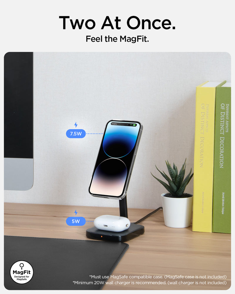 ACH05439 - ArcField™ Magnetic Wireless Charger Stand PF2100 (MagFit) in Black showing the Two At Once. Feel the Magfit with 7.5W on the ring and another with 5W. Must use Magsafe compatible case. Minimum 20W wall charger is recommended