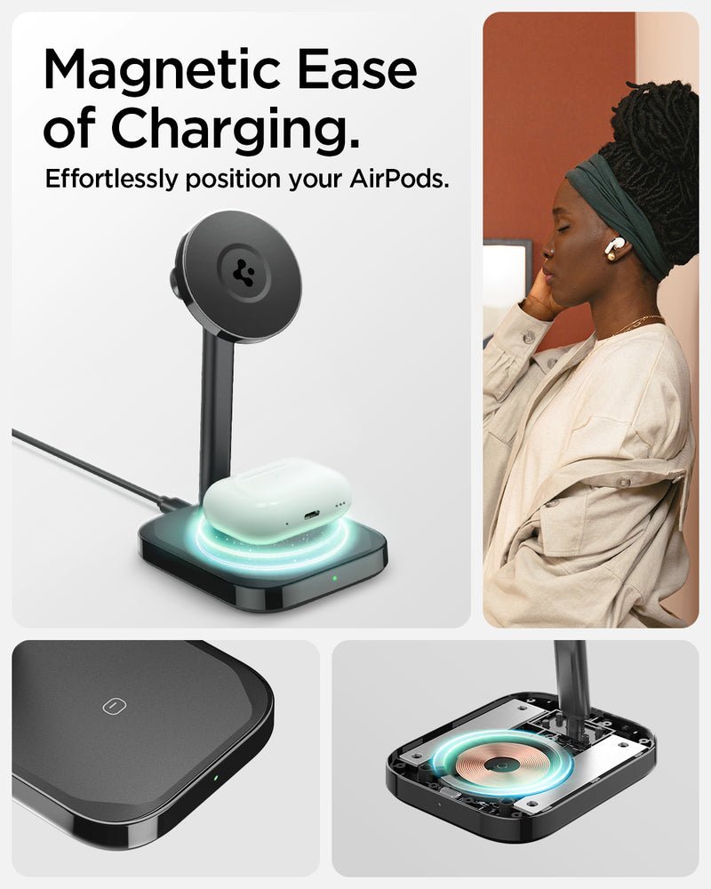 ACH05439 - ArcField™ Magnetic Wireless Charger Stand PF2100 (MagFit) in Black showing the Magnetic Ease of Charging. Effortlessly position your Airpods. A woman listening to music while an airPods case is charging in a charger stand 