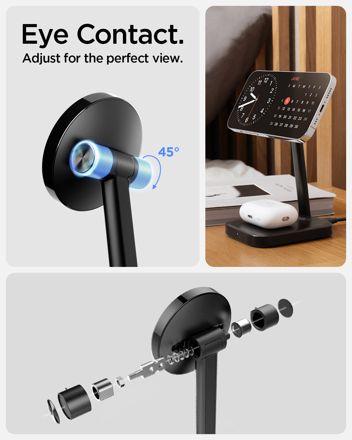 ACH05439 - ArcField™ Magnetic Wireless Charger Stand PF2100 (MagFit) in Black showing the Eye Contact. Adjust for the perfect view. 3 charger stand one shows 45° rotation, airPods charging and volts and parts detached from the charging stand