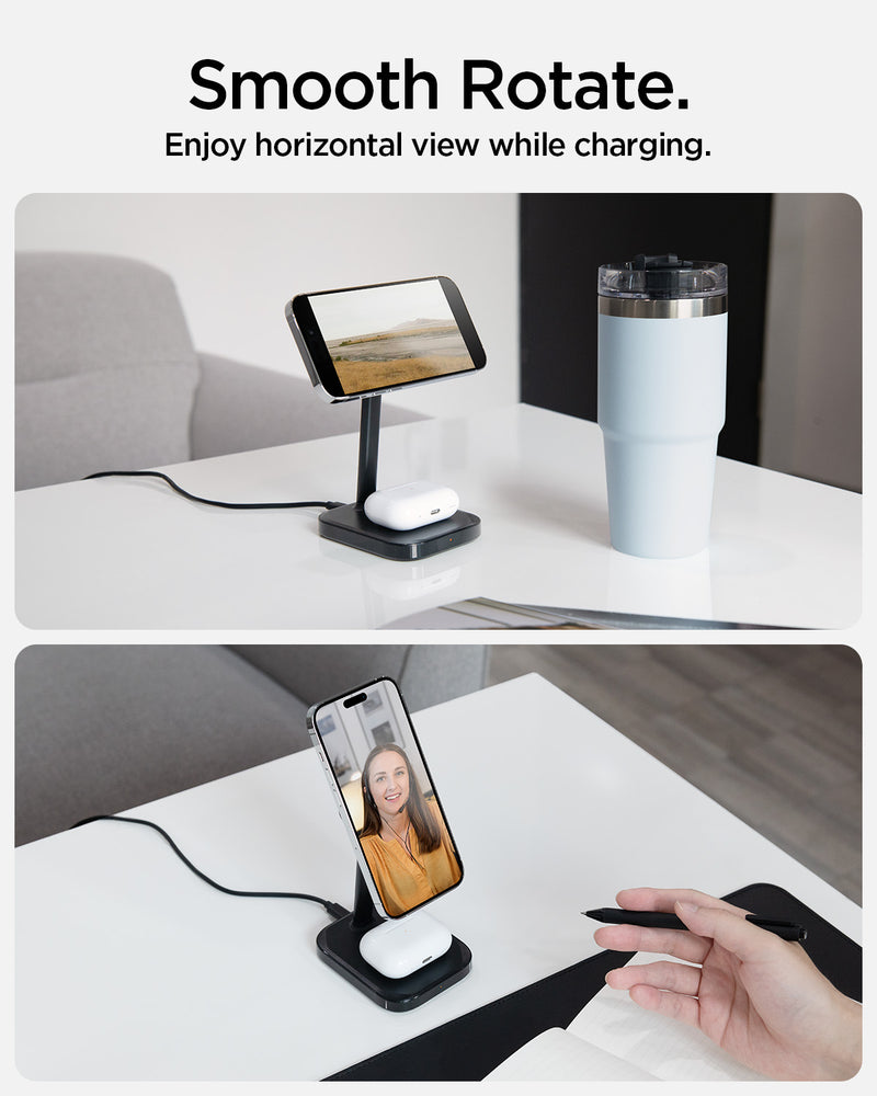 ACH05439 - ArcField™ Magnetic Wireless Charger Stand PF2100 (MagFit) in Black showing the Smooth Rotate. Enjoy horizontal view and vertical position, watching while charging