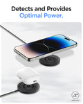 ACH04238 - ArcField™ Magnetic 7.5W Wireless Charger PF2101 (MagFit) in Black showing the Detects and Provides Optimal Power. A device and and airPods hovering above a wireless charger at the same time