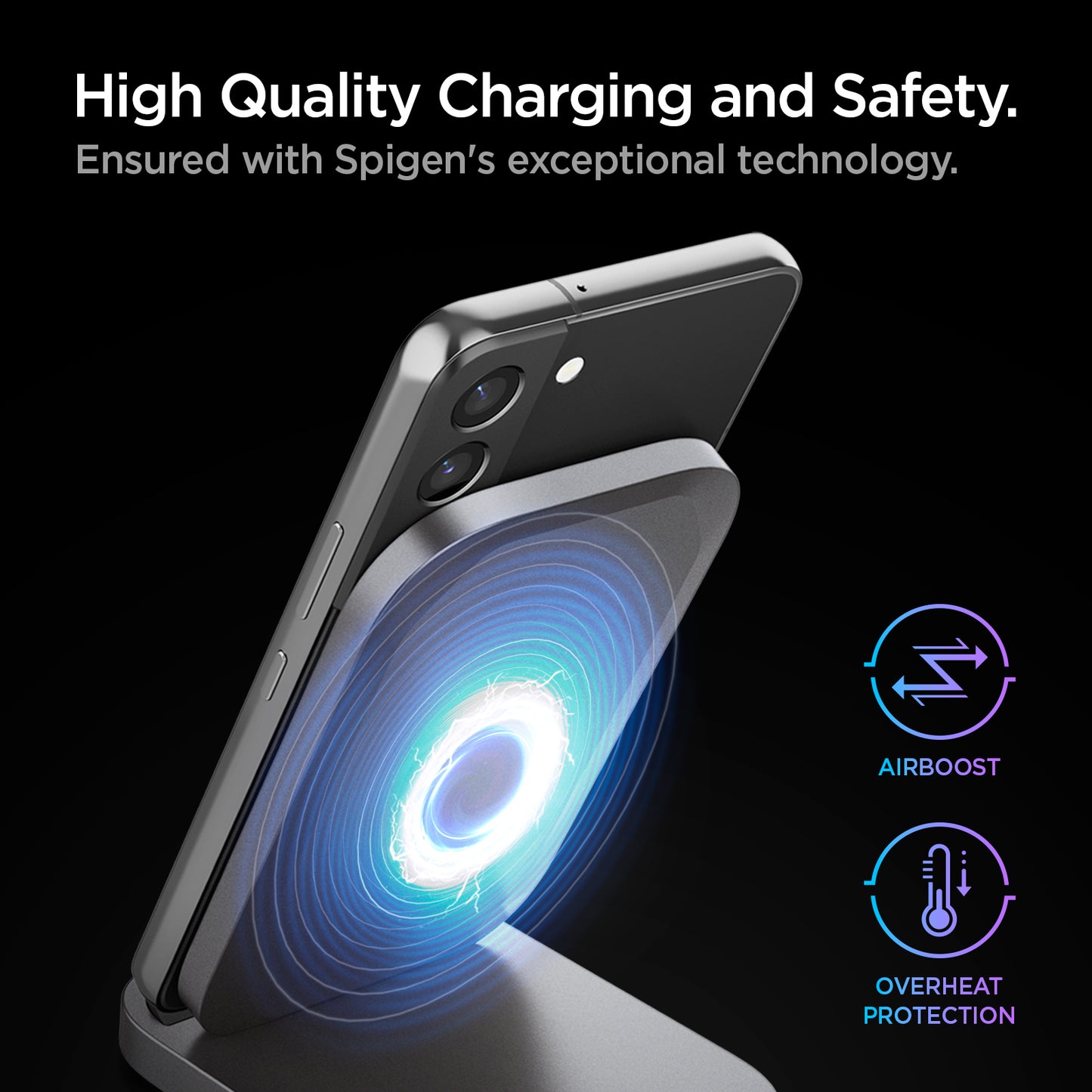 ACH06254 - ArcField™ 15W Wireless Charger PF2102 in Black showing the High Quality Charging and Safety. Ensured with Spigen's exceptional technology. Airboost, Overheat Protection