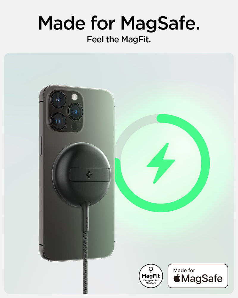 ACH05429 - ArcField™ Magnetic 15W Wireless Charger PF2200 (MagFit) in Black showing the Made for MagSafe. Feel the MafFit. Showing the back of a device attached to a magSafe charger