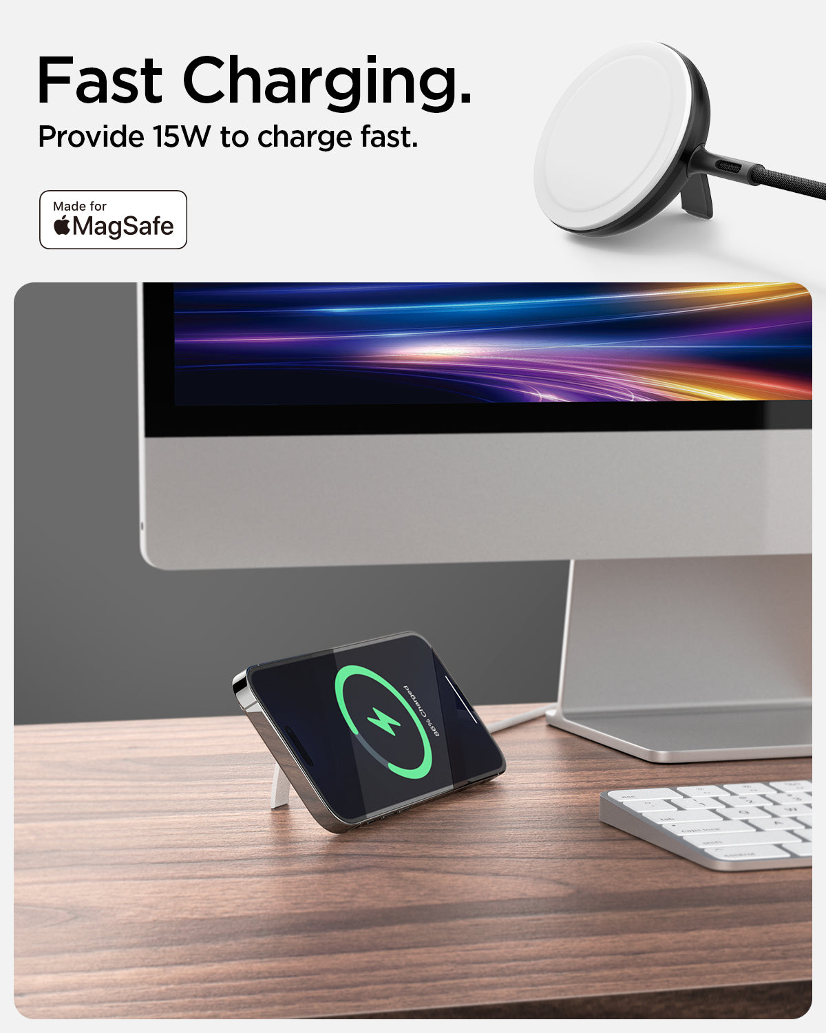 ACH05429 - ArcField™ Magnetic 15W Wireless Charger PF2200 (MagFit) in Black showing the Fast Charging. Provide 15W to charge fast. Magsafe Charger and devices