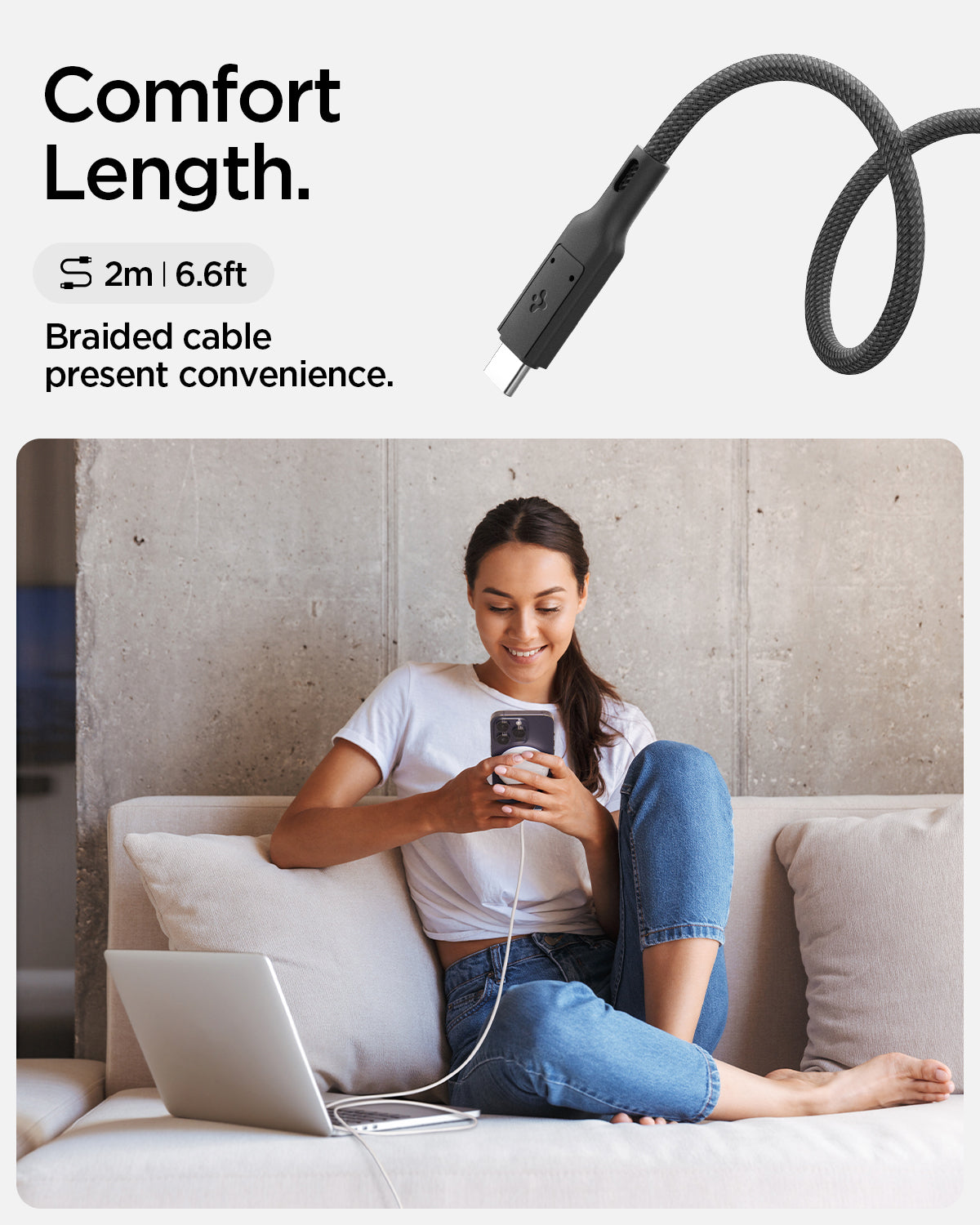 ACH05429 - ArcField™ Magnetic 15W Wireless Charger PF2200 (MagFit) in Black showing the Comfort Length. 2m (6.6ft) Braided cable present convenience. A girl sitting while holding a device attached to a Magsafe Charger and another device