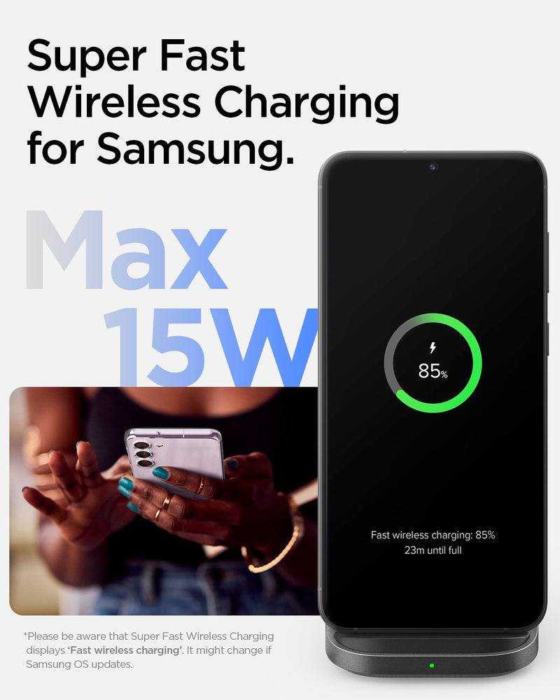 ACH04622 - ArcField™ Flex 15W Wireless Charger PF2201 in Black showing the Super Fast Wireless Charging for Samsung with Max 15W (Be aware, Super Fast Wireless Charging displays, 'Fast wireless charging'. It might change if Samsung OS updates.)