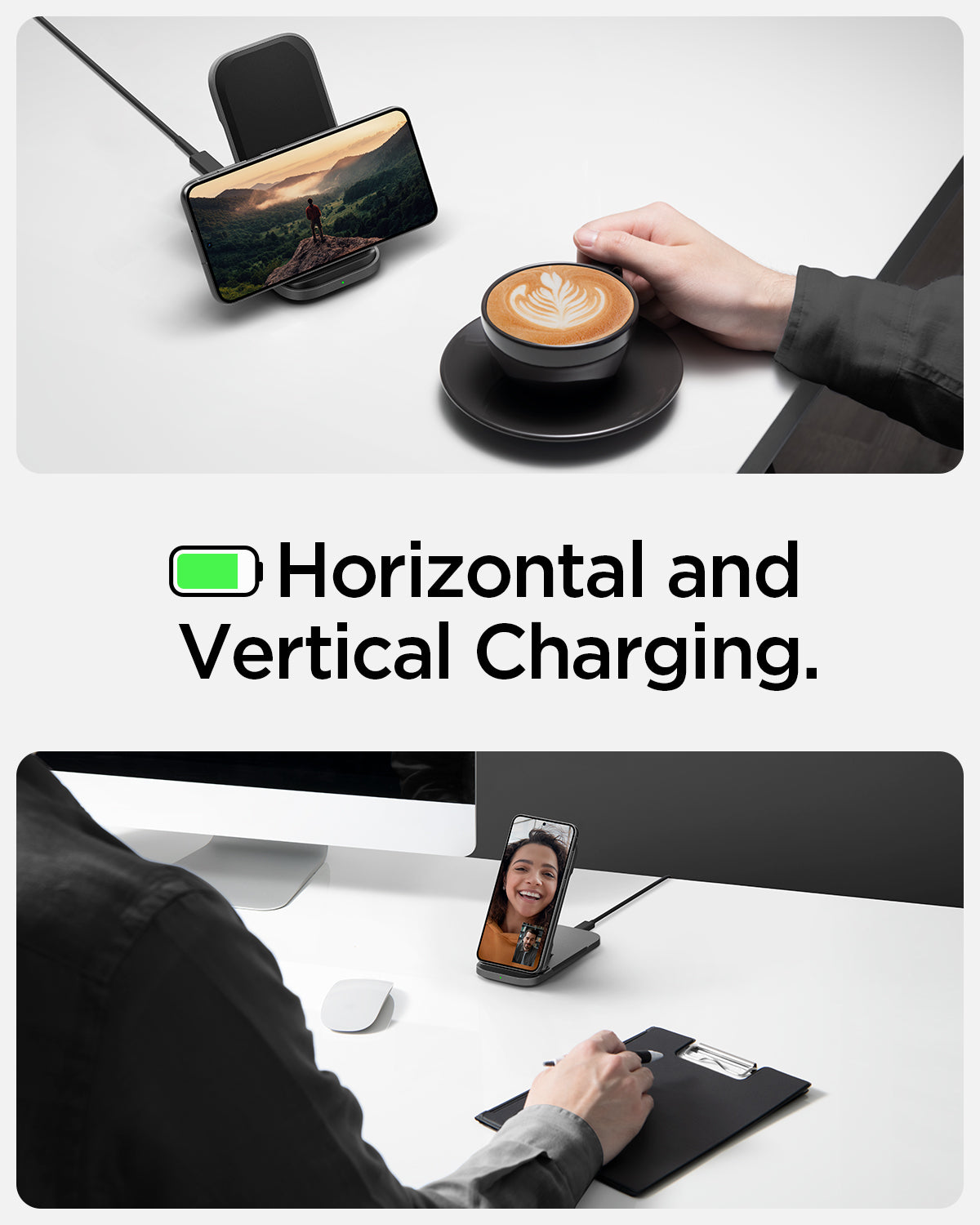 ACH04622 - ArcField™ Flex 15W Wireless Charger PF2201 in Black showing the Horizontal and Vertical Charging. A device in horizontal charged on wireless charger while drinking coffee and other one in vertical while meeting with facetime
