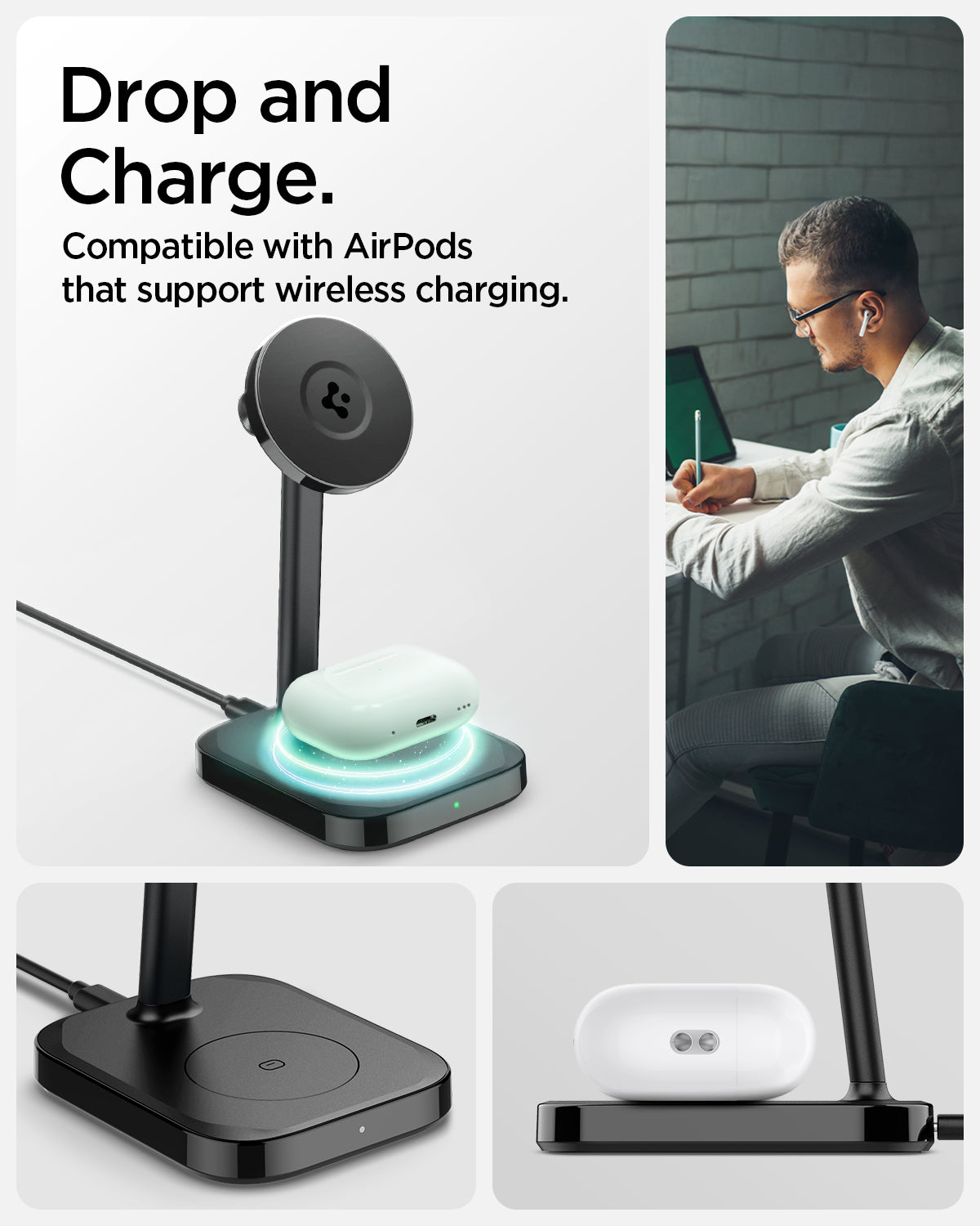ACH08937 - ArcField™ Magnetic Wireless Charger Stand | PF2402 (MagFit) in Black showing the drop and charge. Compatible with AirPods that support wireless charging