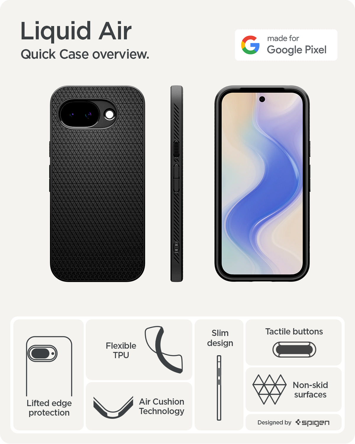 ACS11285 - Pixel 10a Liquid Air in Matte Black showing liquid air. quick case overview