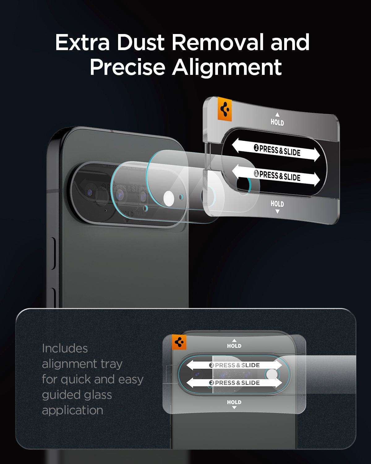 AGL11479 - Pixel 11 Optik EZ Fit Lens Protector alignment tray supports dust removal and precise guided lens protector application.