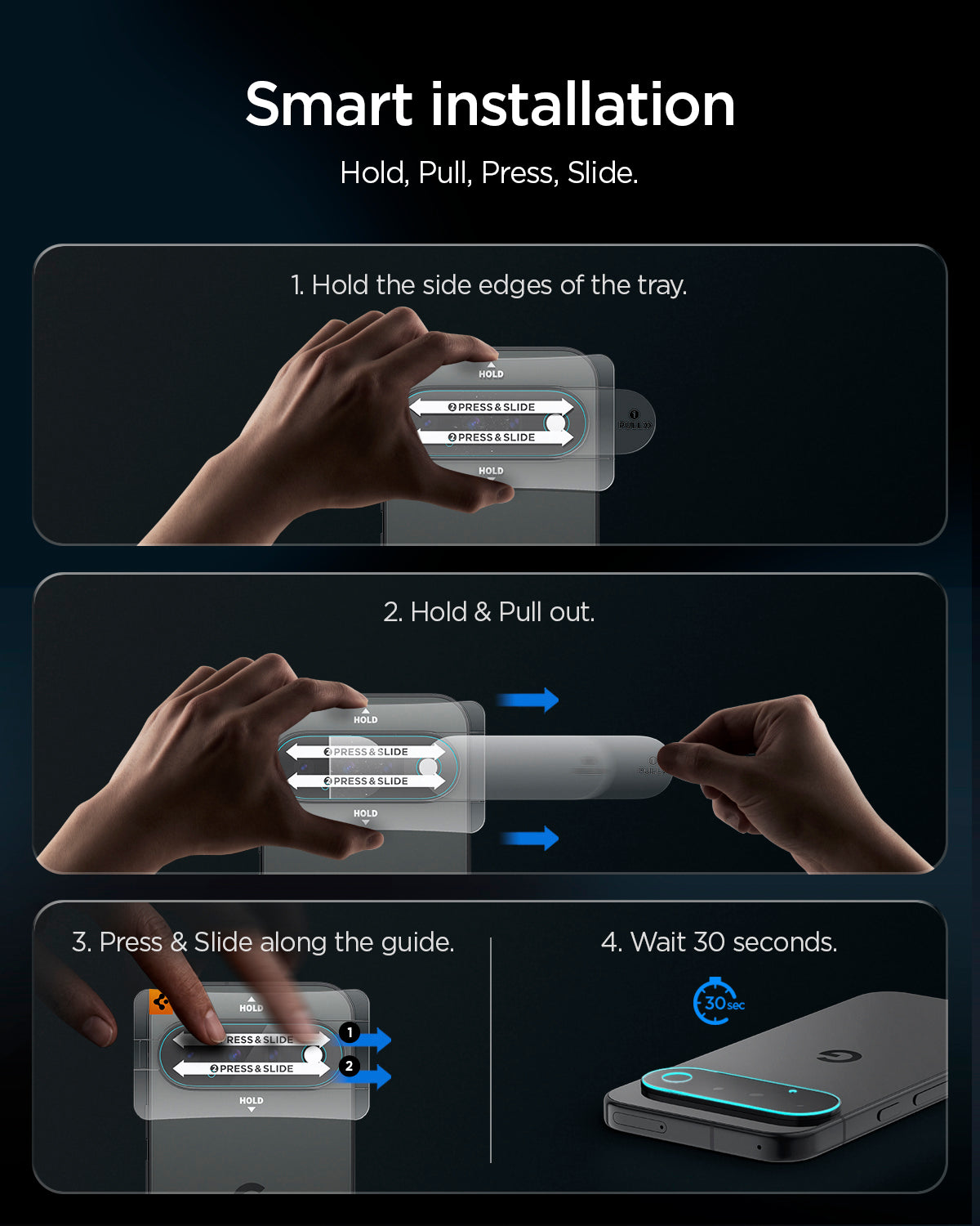 AGL11479 - Pixel 11 Optik EZ Fit Lens Protector installation steps show holding, pulling, pressing, sliding, and waiting 30 seconds.